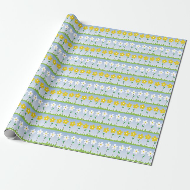 Yellow and White Flowers Pattern Wrapping Paper (Unrolled)