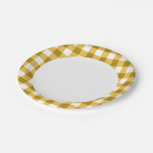 Yellow And White Gingham Check Pattern Paper Plate