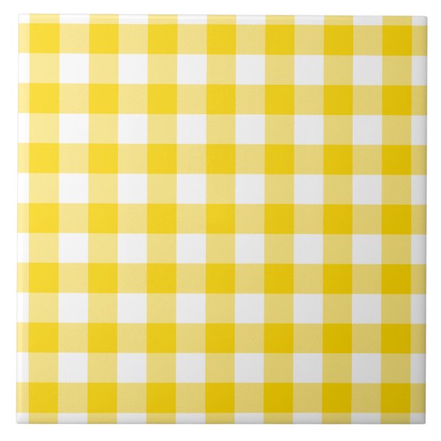 Yellow and White Gingham Checks Squares Pattern Tile (Front)