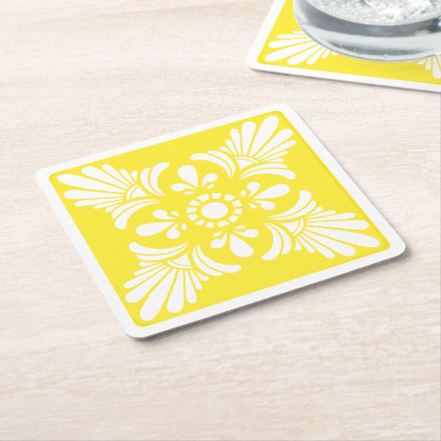 Yellow and White Mediterranean Patterned Tile Square Paper Coaster (Angled)
