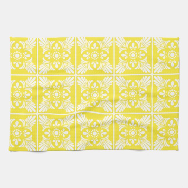 Yellow and White Mediterranean Style Tile Pattern Kitchen Towel (Horizontal)