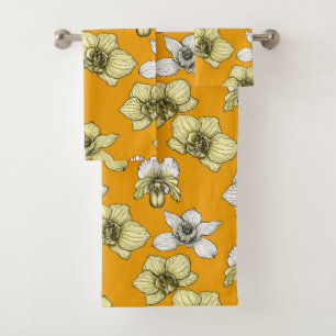 Yellow and white orchid flowers bath towel set