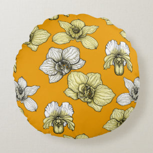 Yellow and white orchid flowers round pillow
