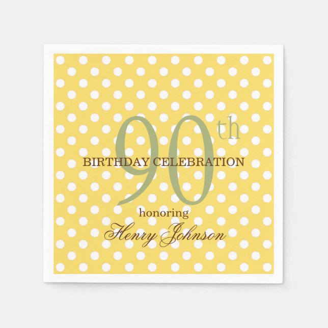 Yellow and White Polka Dot 90th Birthday Paper Napkin (Front)
