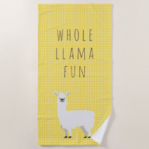 Yellow and White Polka Dot Cute Llama Beach Towel