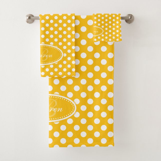 Yellow and white polka dot personalized towels (Insitu)