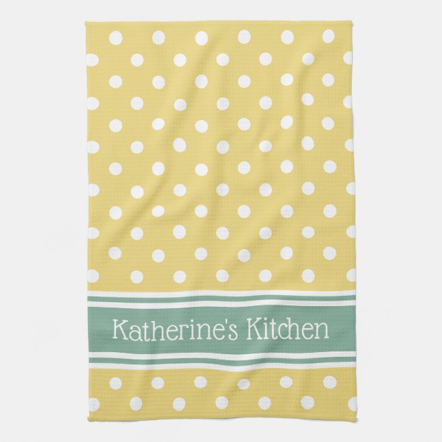 Yellow and White Polka Dot With Blue Personalized Kitchen Towel (Vertical)