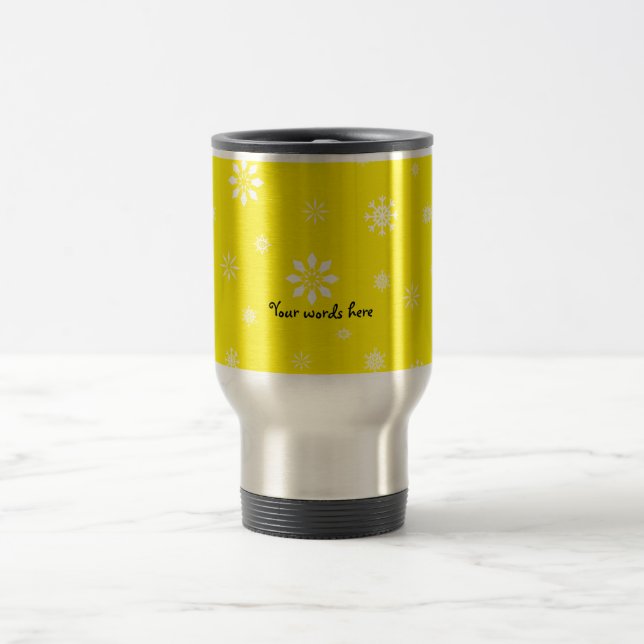 Yellow and white snowflakes pattern travel mug (Center)