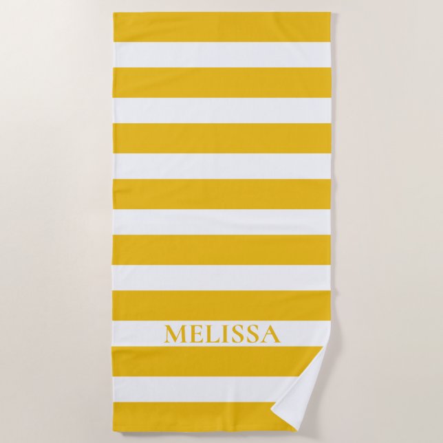 Yellow And White Striped Name Cabana Stripe Beach Towel (Front)