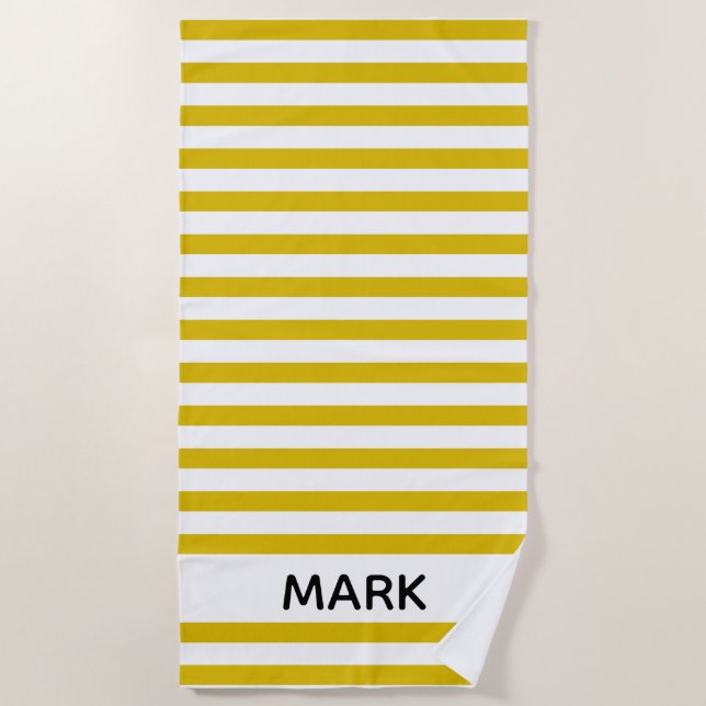 Yellow And White Striped Personalized Beach Towel (Front)