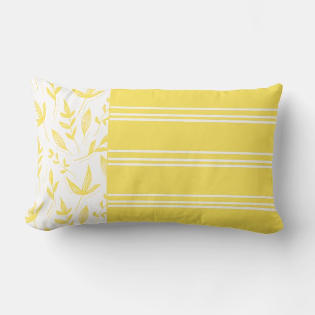 Yellow and White Stripes and Botanic Lumbar Pillow (Front)