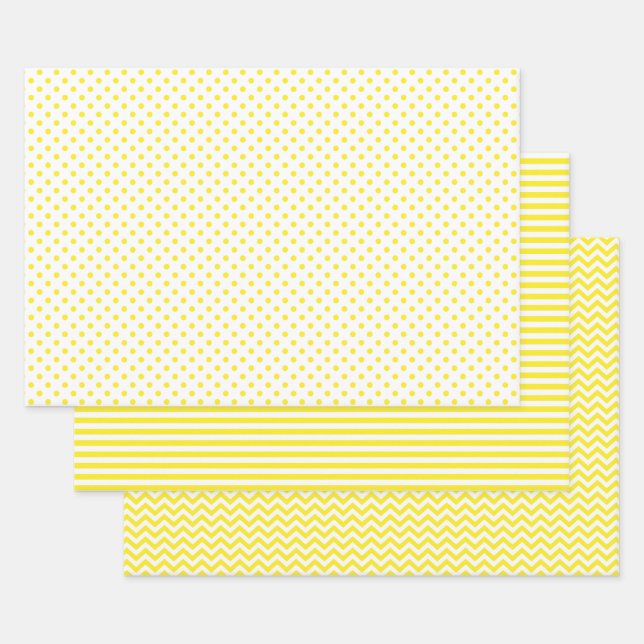 Yellow and White Stripes Chevron Polka Dots Wrapping Paper Sheet (Set)