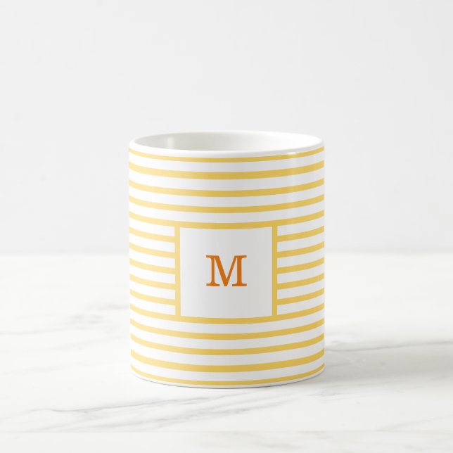 Yellow and White Stripes Custom Monogram Coffee Mug (Center)