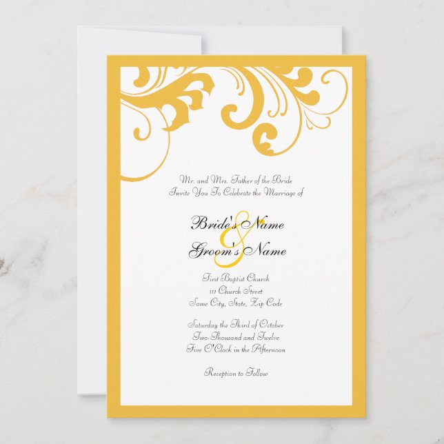 Yellow and White Swirls Frame Wedding Invitation (Front)