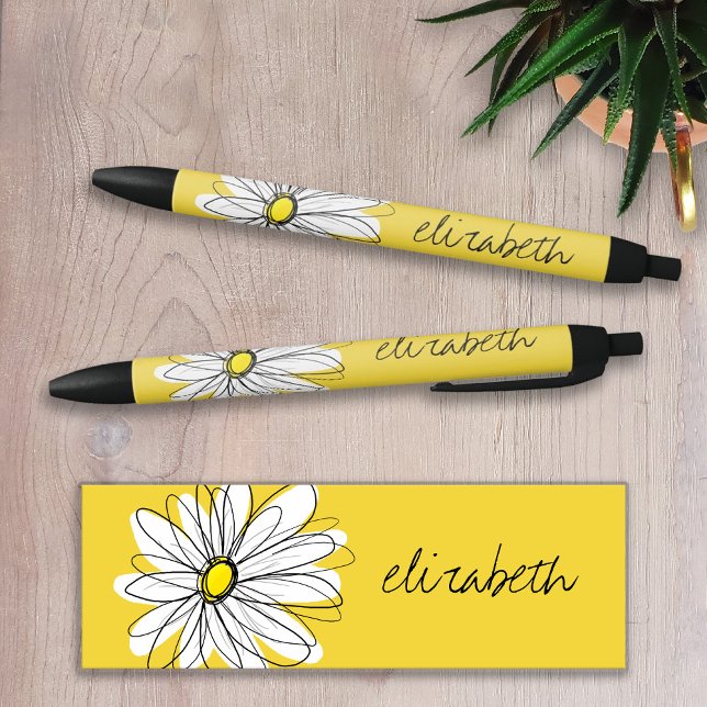 Yellow and White Whimsical Daisy with Custom Text Black Ink Pen (Creator Uploaded)