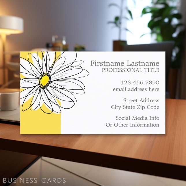 Yellow and White Whimsical Daisy with Custom Text Business Card (Personalized Printed Business Cards)