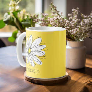 Yellow and White Whimsical Daisy with Custom Text Coffee Mug
