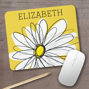 Yellow and White Whimsical Daisy with Custom Text Mouse Pad