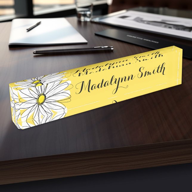 Yellow and White Whimsical Daisy with Custom Text Nameplate (Personalized Name Plate for the Office, School or Home)
