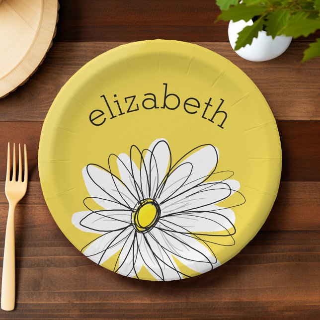 Yellow and White Whimsical Daisy with Custom Text Paper Plate (Personalized paper plate with a whimsical daisy)