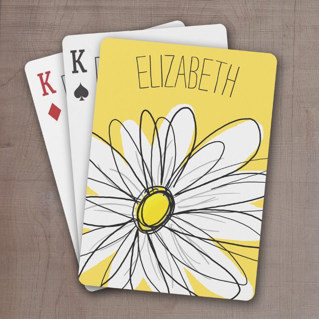 Yellow and White Whimsical Daisy with Custom Text Playing Cards (Whimsical Daisy Drawing with a place to add your name - personalized playing cards)