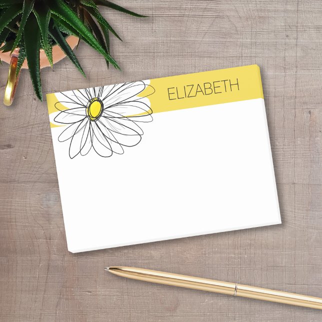 Yellow and White Whimsical Daisy with Custom Text Post-it Notes (Personalized post-it notes with a name and whimsical daisy.)