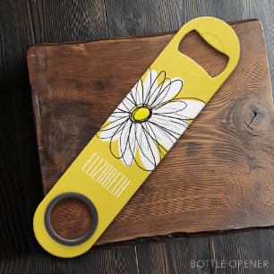Yellow and White Whimsical Daisy with Custom Text Speed Bottle Opener