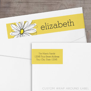 Yellow and White Whimsical Daisy with Custom Text Wrap Around Label