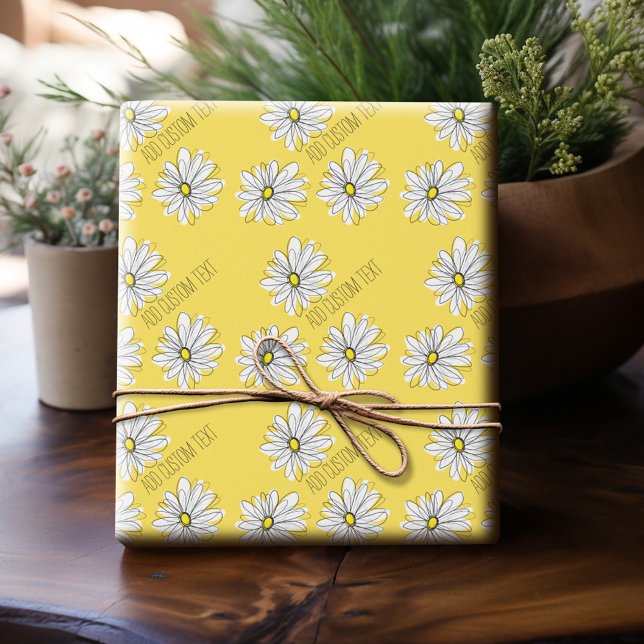 Yellow and White Whimsical Daisy with Custom Text Wrapping Paper (Personalized Wrapping Paper)