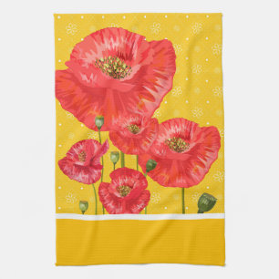 Yellow and White with Summery Red Poppies Kitchen Towel