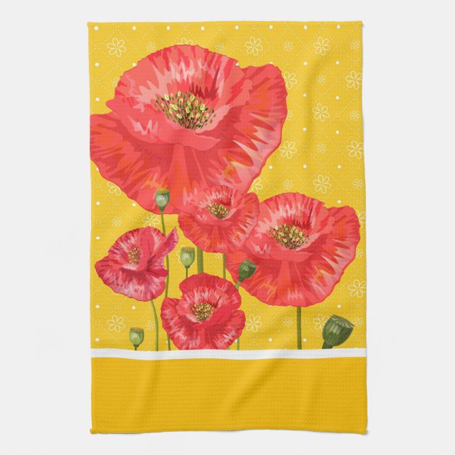 Yellow and White with Summery Red Poppies Kitchen Towel (Vertical)