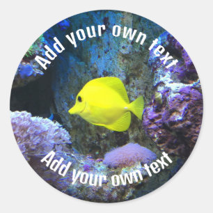 Yellow Angelfish and Coral Custom Text Classic Round Sticker