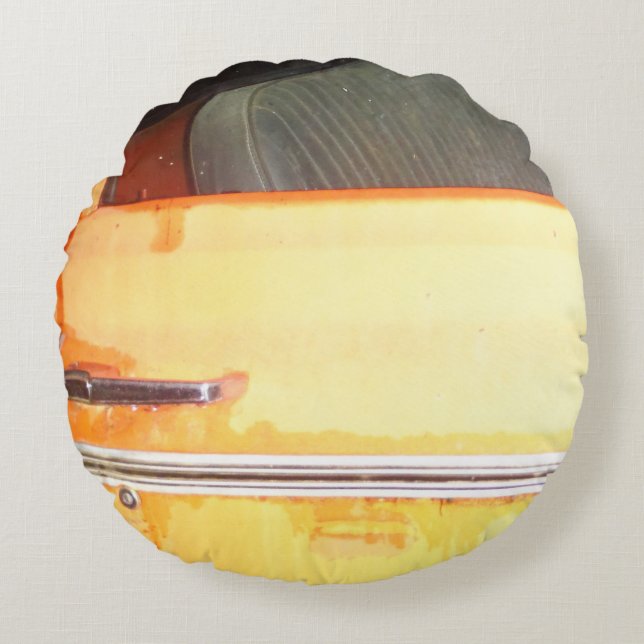 yellow antique car silver trim round pillow (Front)
