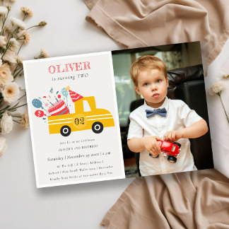 Yellow Any Age Birthday Cake Truck Photo Invite
