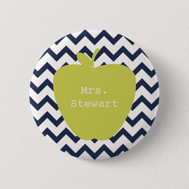 Yellow Apple & Navy Chevron Teacher 2 Inch Round Button (Front)