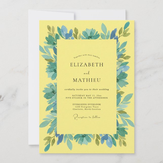 Yellow Aqua Leafy Wedding Invitation (Front)