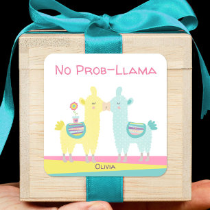 Yellow aqua llamas kissing cute kawaii name school square sticker