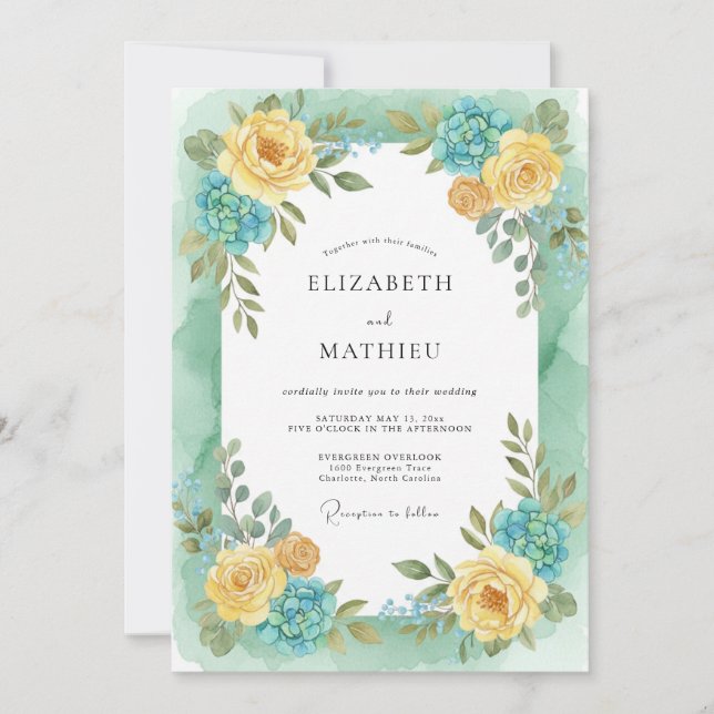 Yellow Aqua Peony Wedding Invitation (Front)