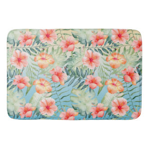 Yellow Aqua Pink Peach Hibiscus Floral Bath Mat