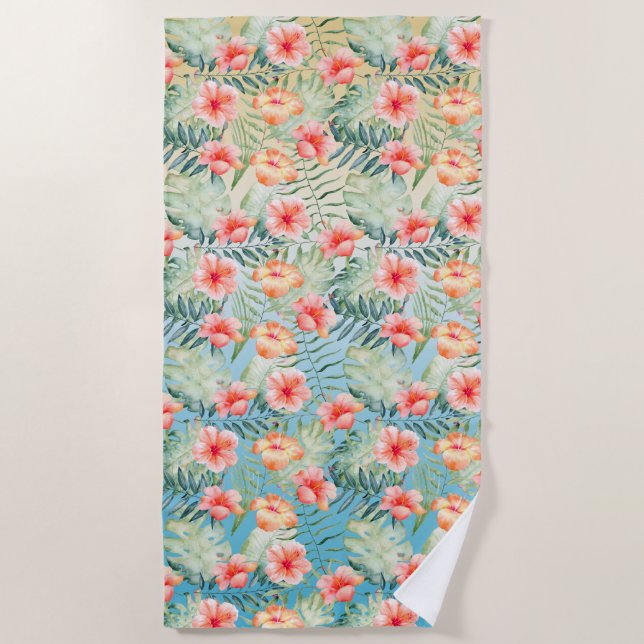  Yellow Aqua Pink Peach Hibiscus Floral      Beach Towel (Front)