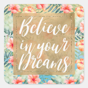  Yellow Aqua Pink Peach Hibiscus Floral Gold Dream Square Sticker