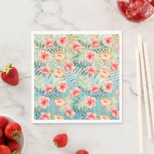  Yellow Aqua Pink Peach Hibiscus Floral           Napkin