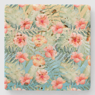 Yellow Aqua Pink Peach Hibiscus Floral Stone Coaster