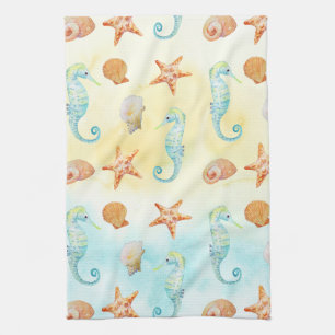 Yellow Aqua Seahorse Starfish Shells Beach Kitchen Towel
