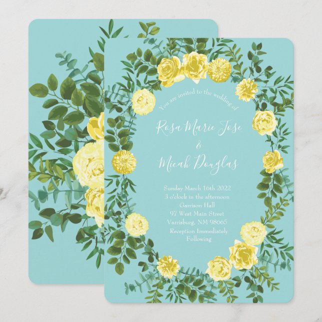 Yellow & Aqua Vintage Spring Floral Wedding Invitation (Front/Back)