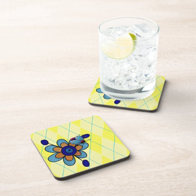 Yellow Argyle Ladybug & Flower Coaster (Right Side)