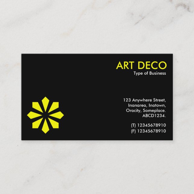Yellow Art Deco Flower Symbol - Black Business Card (Front)