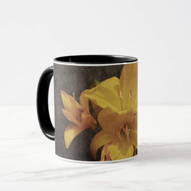 Yellow Asiatic lily on old grunged canvas backgrou Mug (Front Left)
