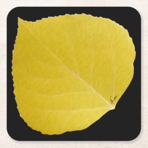 Yellow Aspen Leaf #5 Square Paper Coaster