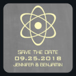 Yellow Atomic Chalkboard Save the Date Stickers<br><div class="desc">Cute and nerdy Atomic Chalkboard Save the Date Stickers featuring a simple atomic symbol in yellow on a chalkboard look background. These geeky and fun save the date stickers are perfect for announcing your science themed wedding! Easy to customize, simply add the details of your wedding in the spaces provided....</div>